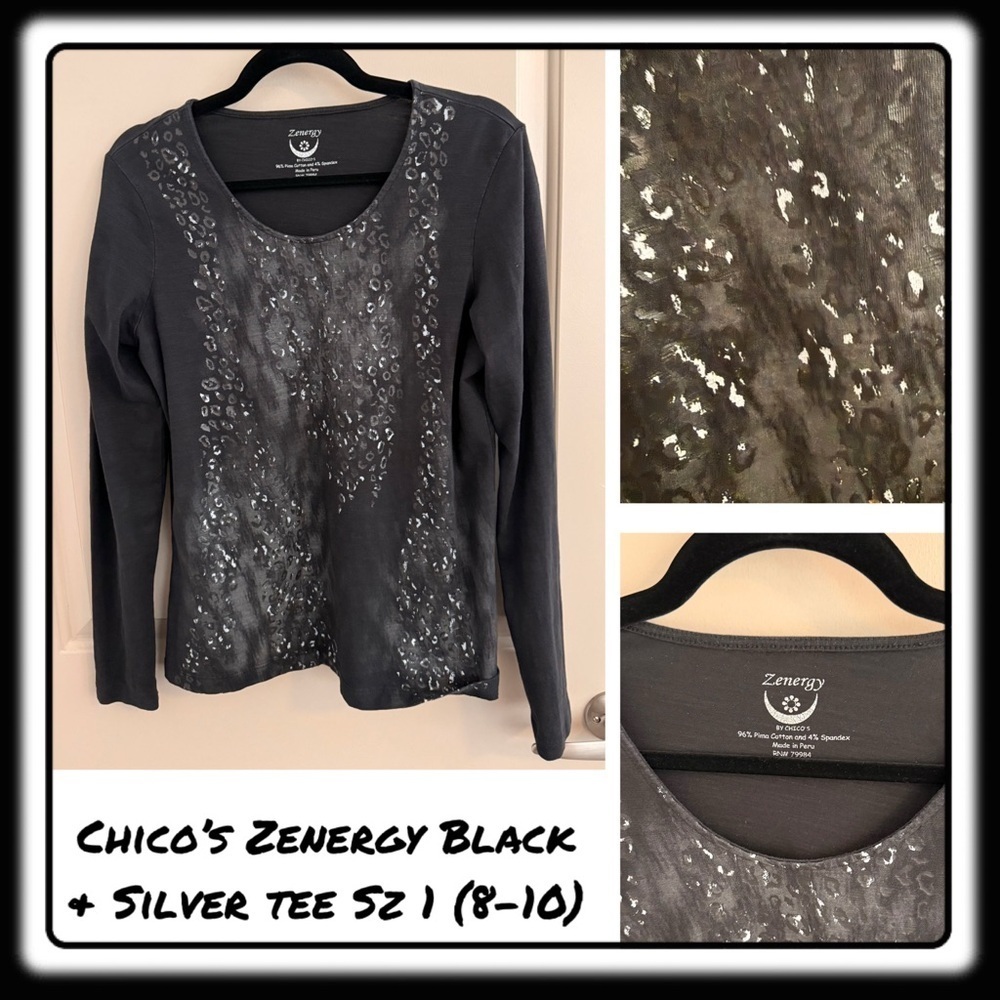 Chico’s Zenergy Black tee with Silver. lightweight. Sz 1 (8-10)